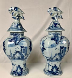 Pair Blue and White Delft Mantle Vases Hand-Painted, Netherlands, Circa 1770