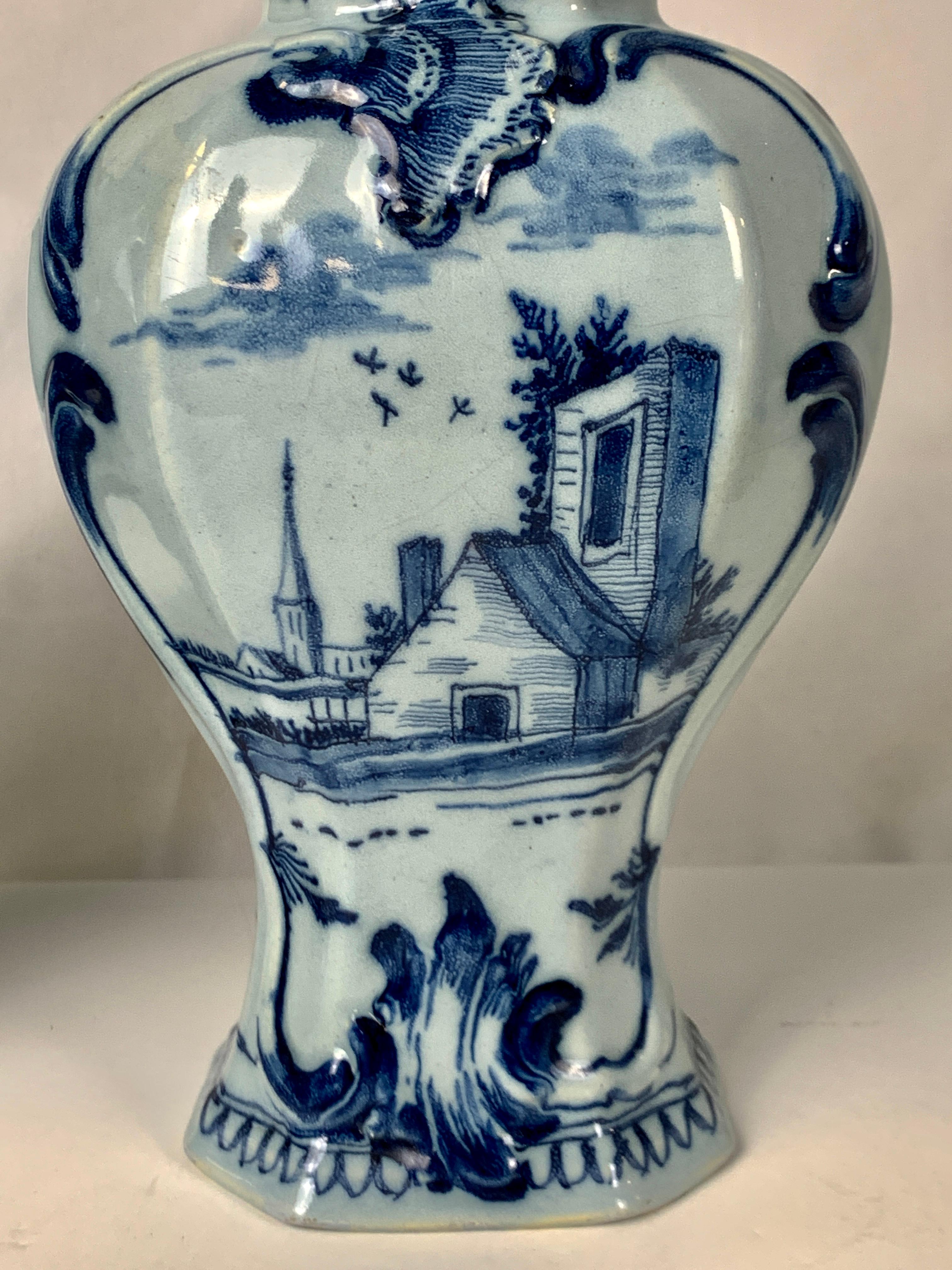 Rococo Pair Blue and White Delft Mantle Vases Hand-Painted, Netherlands, Circa 1770