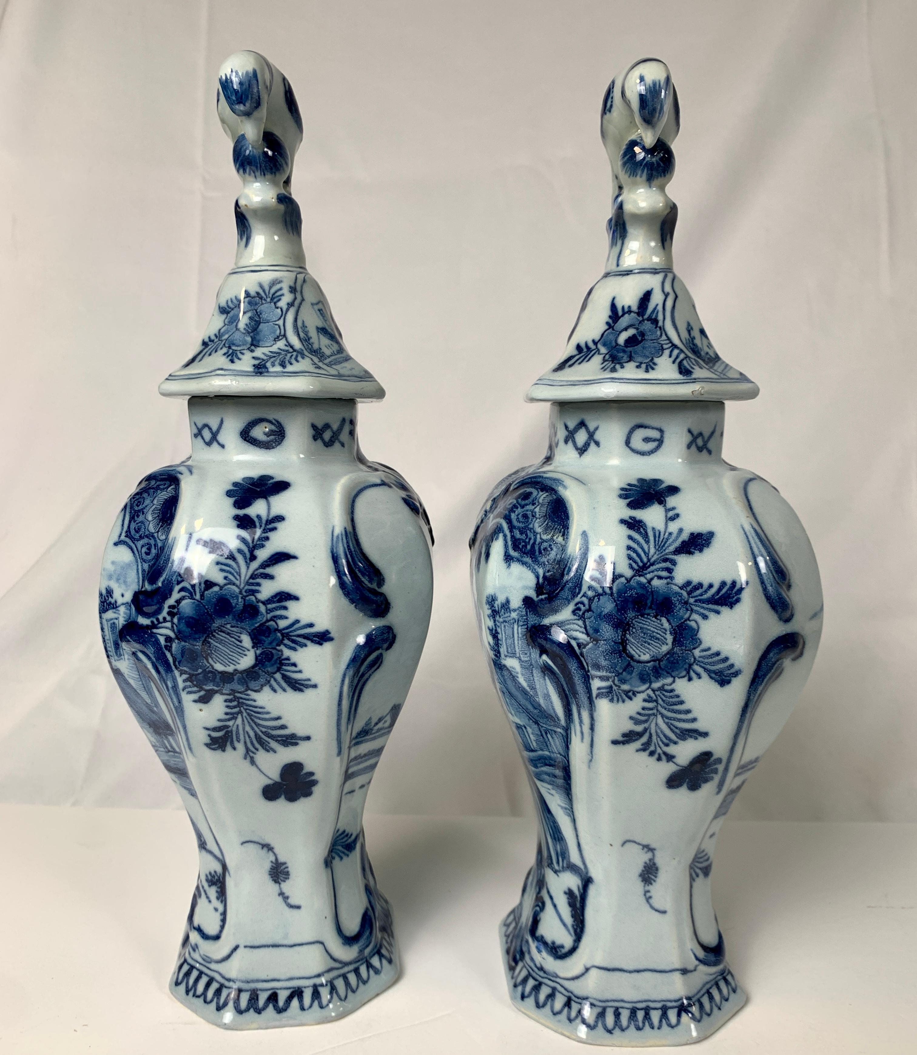 Dutch Pair Blue and White Delft Mantle Vases Hand-Painted, Netherlands, Circa 1770