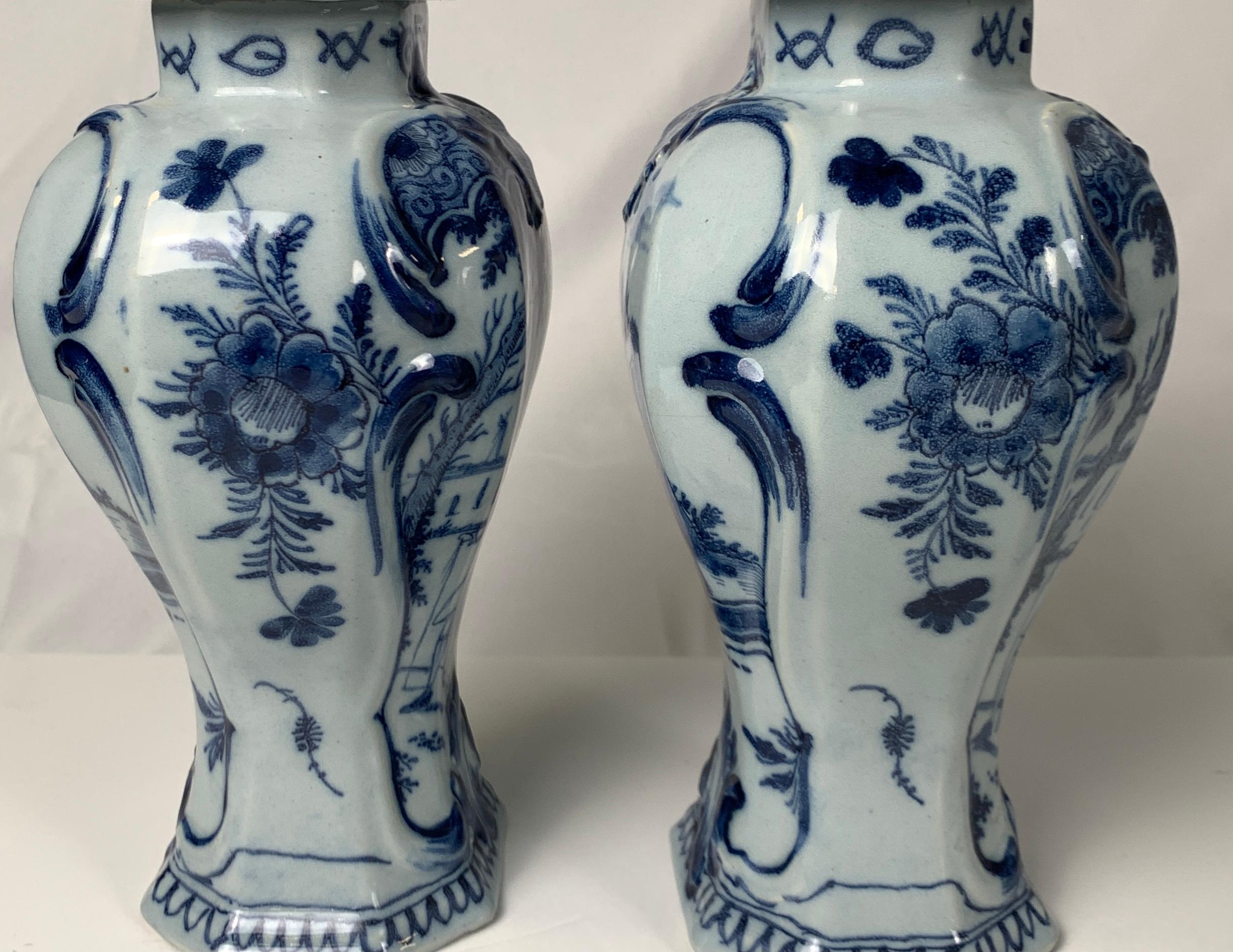 Pair Blue and White Delft Mantle Vases Hand-Painted, Netherlands, Circa 1770 In Good Condition In Katonah, NY