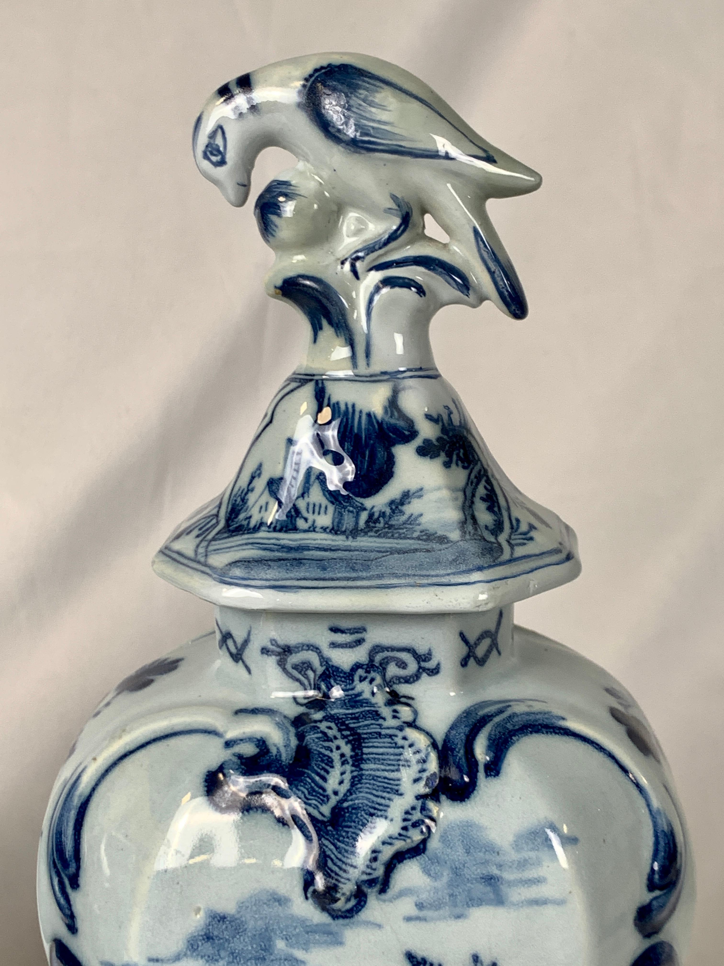 18th Century Pair Blue and White Delft Mantle Vases Hand-Painted, Netherlands, Circa 1770