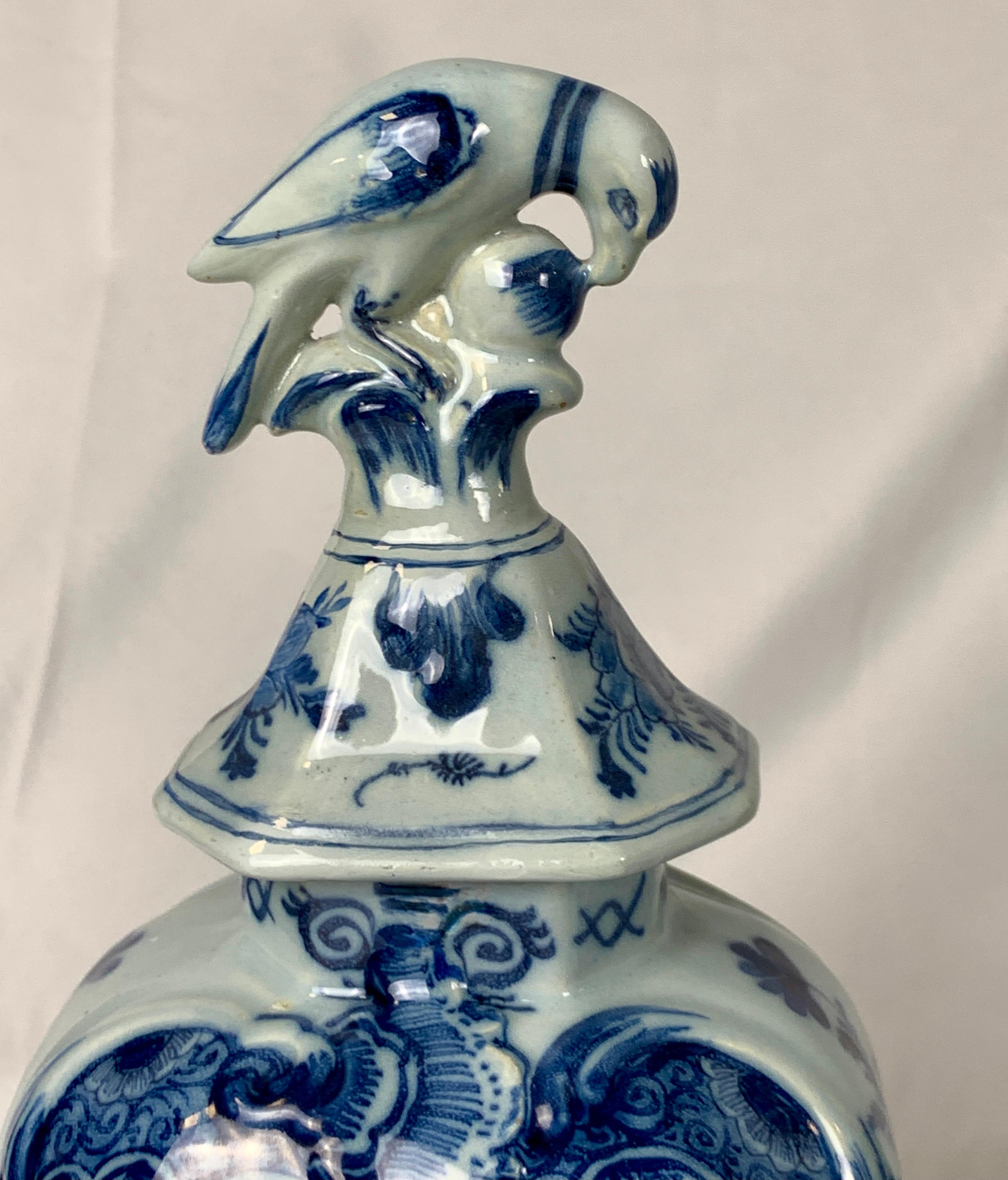 Pair Blue and White Delft Mantle Vases Hand-Painted, Netherlands, Circa 1770 1