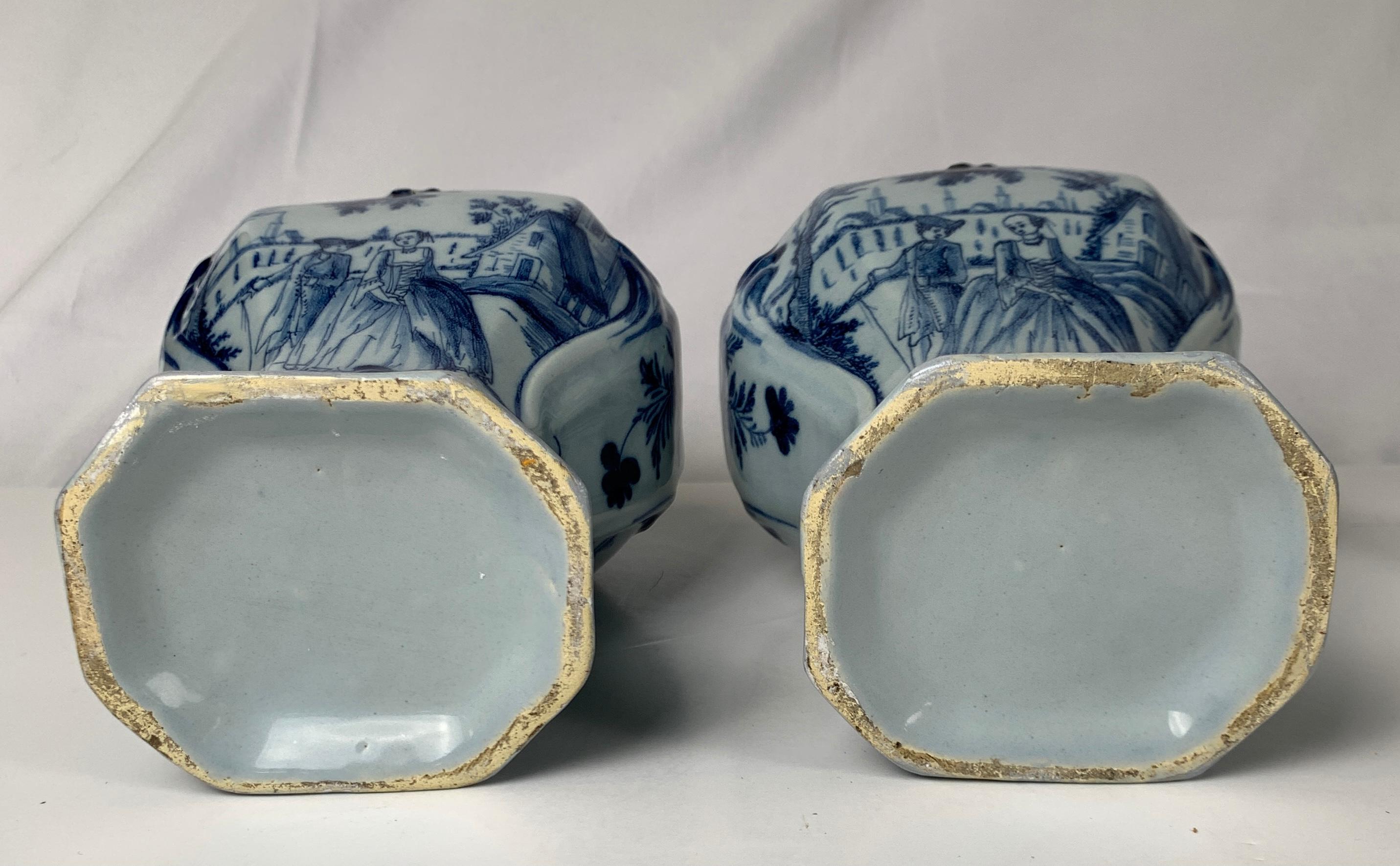 Pair Blue and White Delft Mantle Vases Hand-Painted, Netherlands, Circa 1770 2