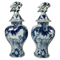 Pair Blue and White Delft Mantle Vases Hand-Painted, Netherlands, Circa 1770