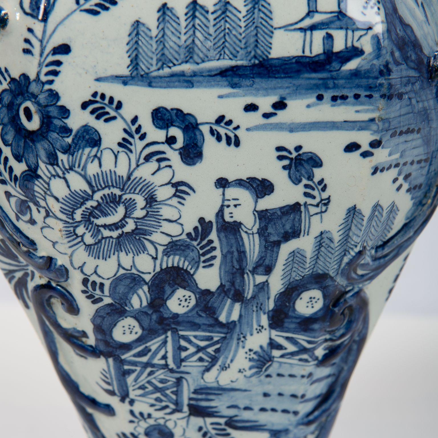 Romantic Pair Blue and White Delft Mantle Vases Made by De Grieksche A, circa 1703-1722