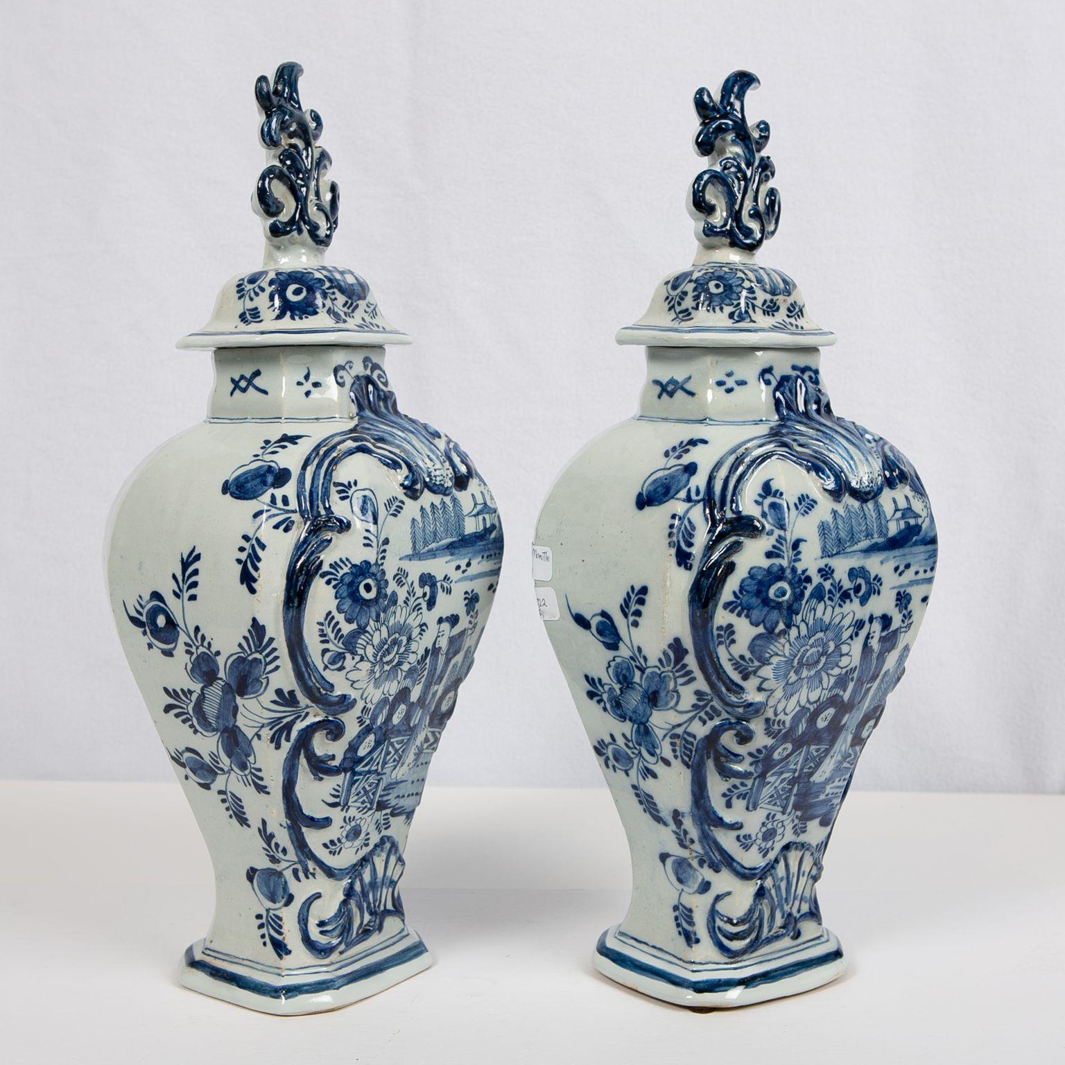 18th Century Pair Blue and White Delft Mantle Vases Made by De Grieksche A, circa 1703-1722