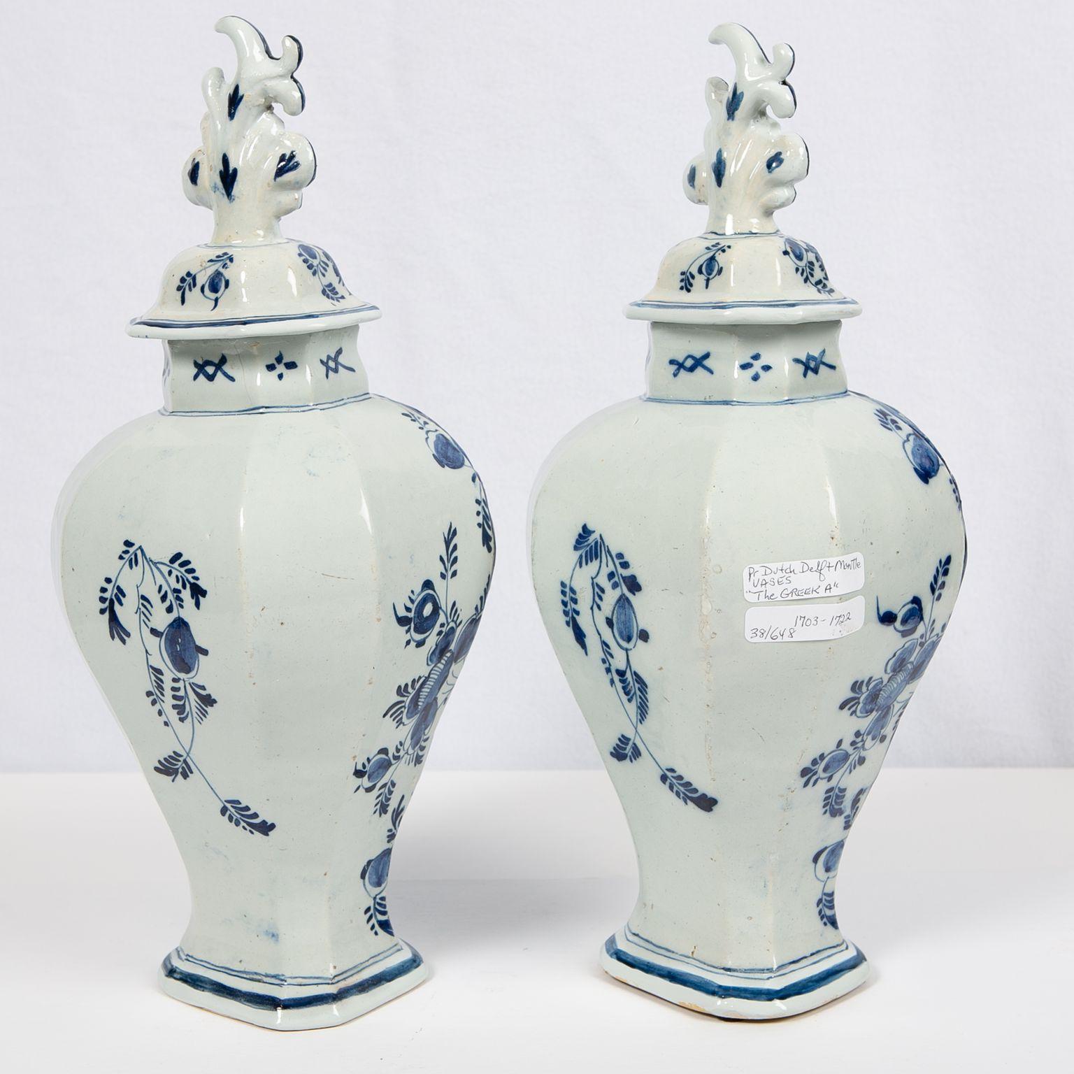 Pair Blue and White Delft Mantle Vases Made by De Grieksche A, circa 1703-1722 1