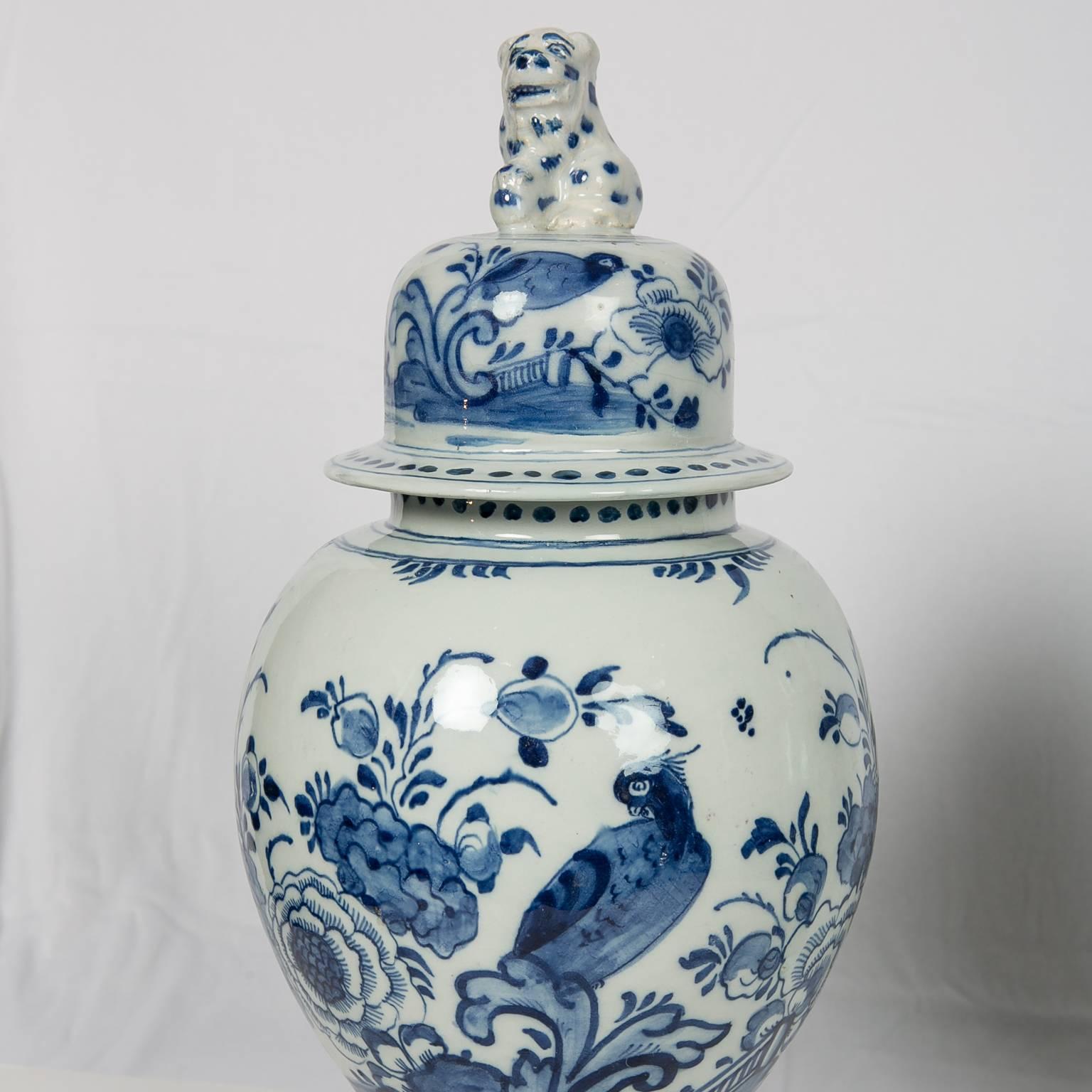 Rococo Large Blue and White Delft Mantle Jars Round with Leopard Finials IN STOCK
