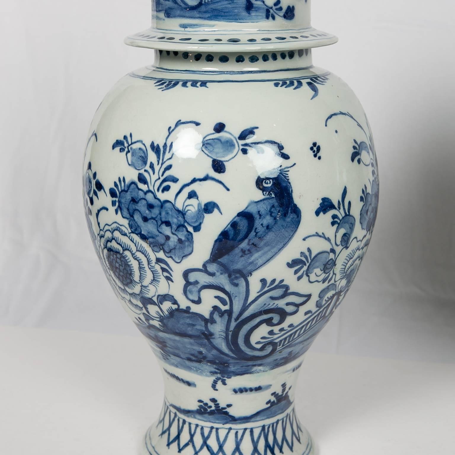 Dutch Large Blue and White Delft Mantle Jars Round with Leopard Finials IN STOCK