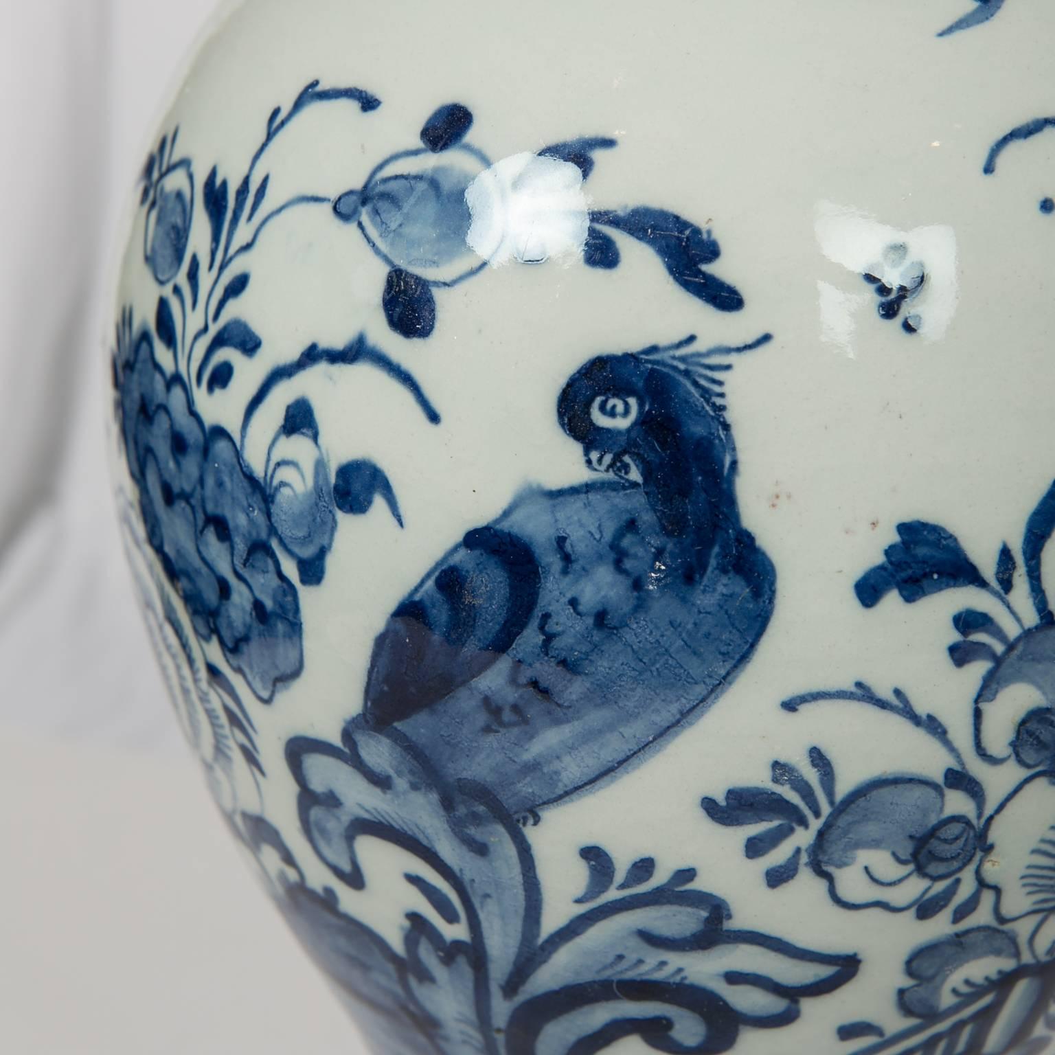 Hand-Painted Large Blue and White Delft Mantle Jars Round with Leopard Finials IN STOCK