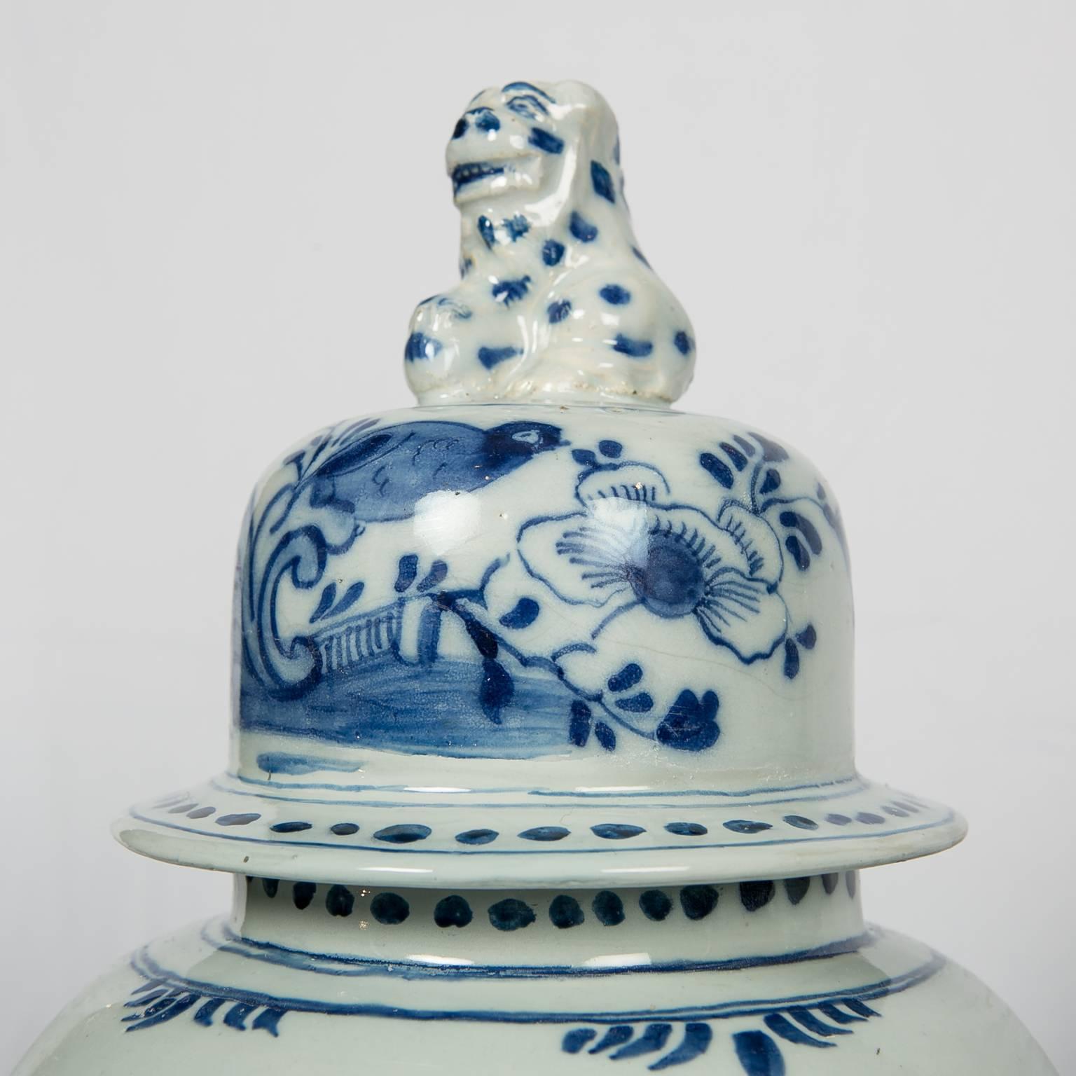 18th Century Large Blue and White Delft Mantle Jars Round with Leopard Finials IN STOCK