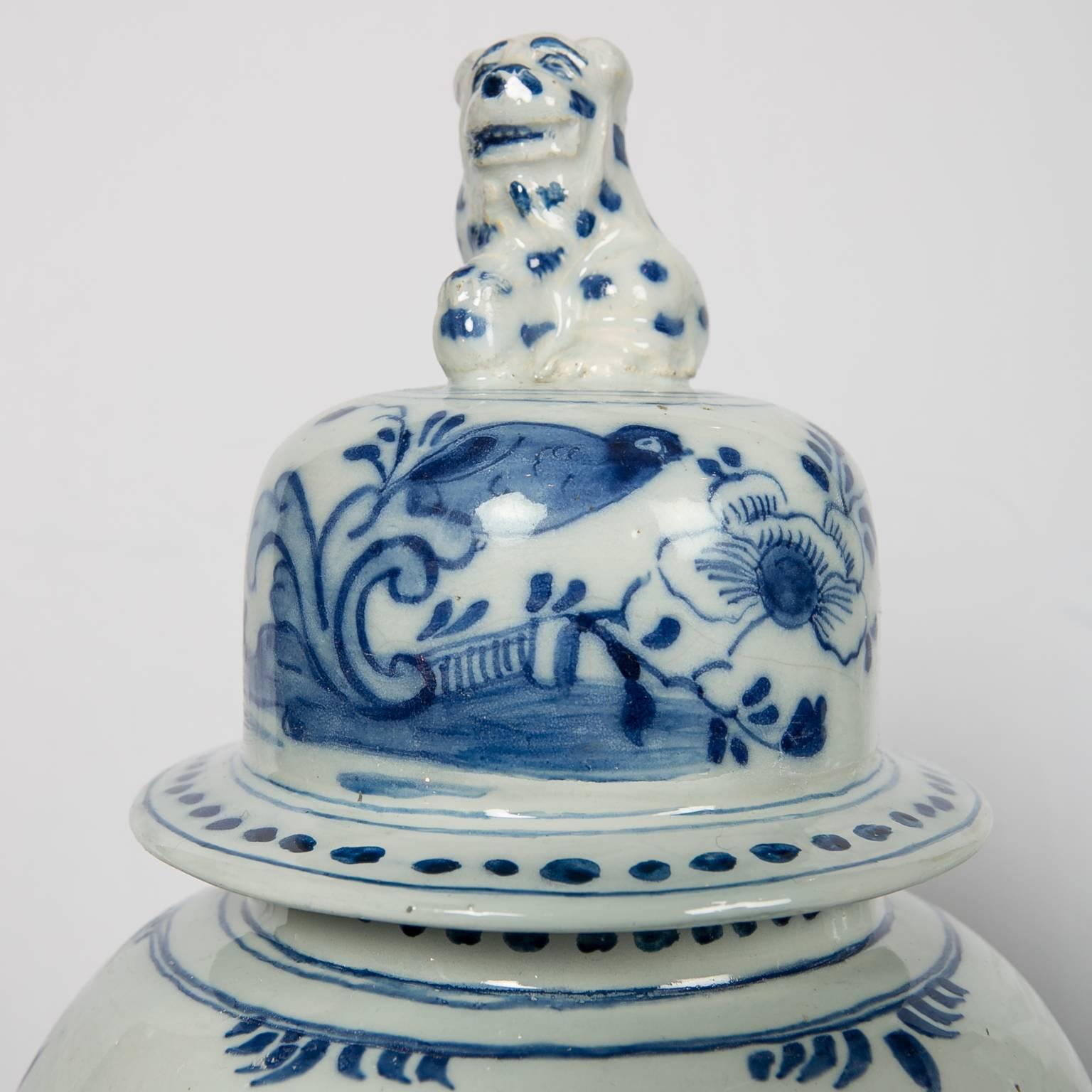 Large Blue and White Delft Mantle Jars Round with Leopard Finials IN STOCK 1