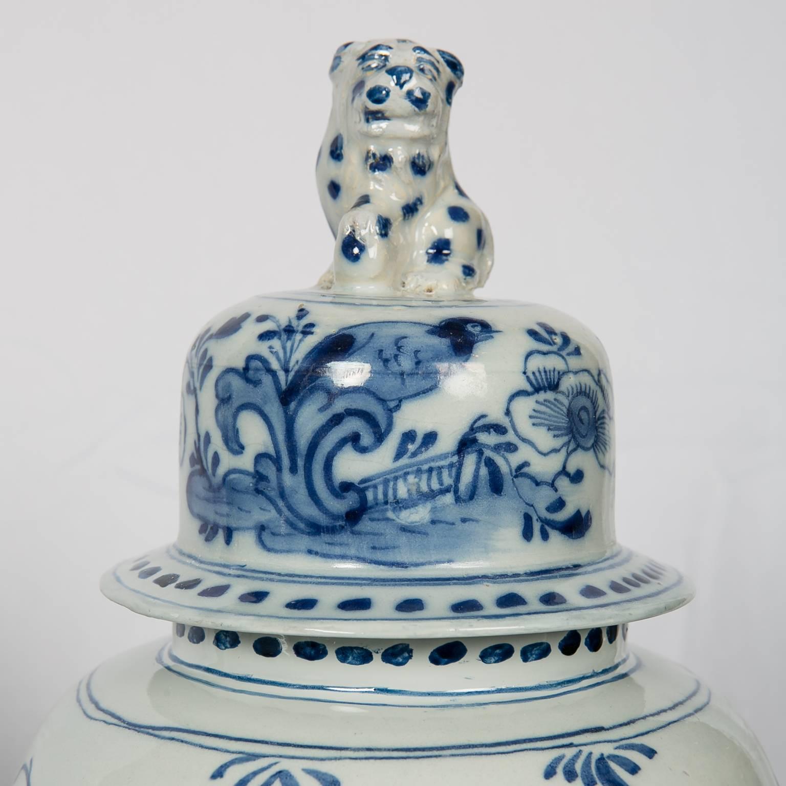 Large Blue and White Delft Mantle Jars Round with Leopard Finials IN STOCK 2