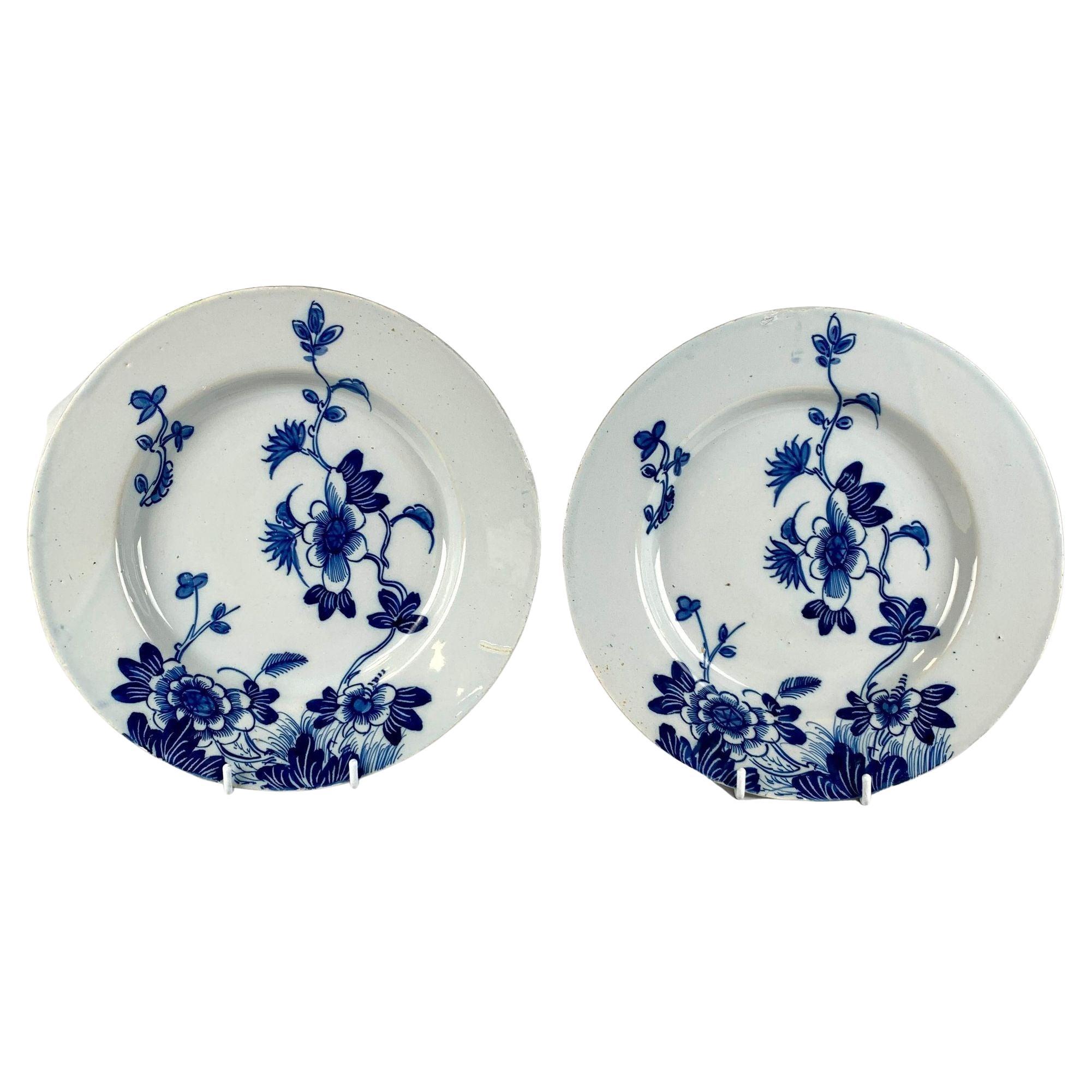 Paar blaue und weiße Delft-Teller oder -Platten, handbemalt, England CIRCA 1760 im Angebot