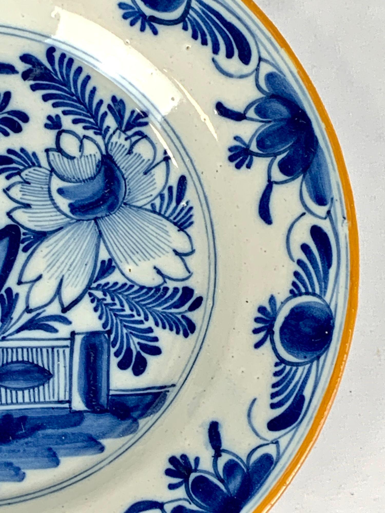 Rococo Pair Blue and White Delft Plates or Dishes Hand Painted Netherlands, circa 1800 For Sale