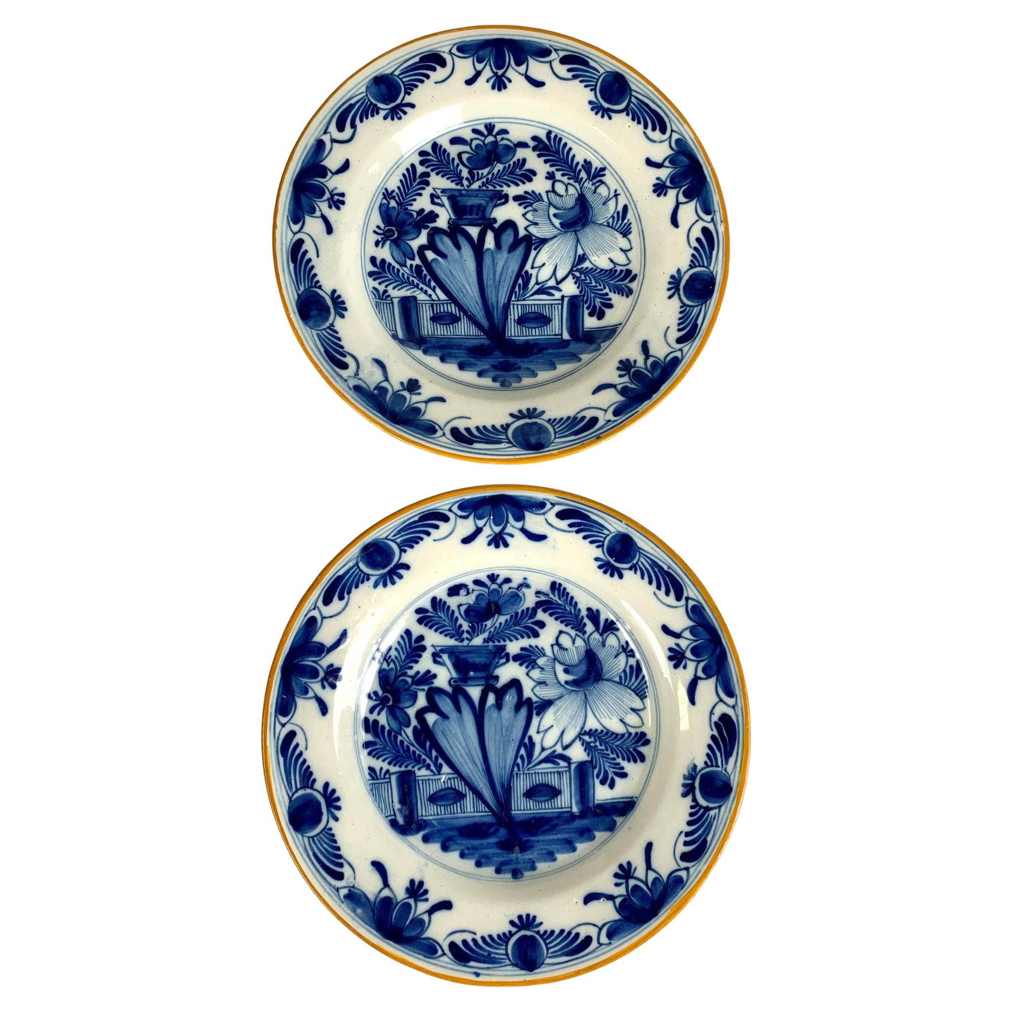 Pair Blue and White Delft Plates or Dishes Hand Painted Netherlands, circa 1800 For Sale
