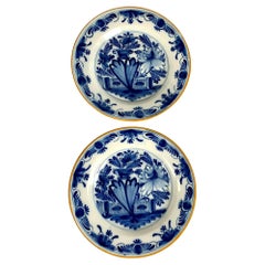 Pair Blue and White Delft Plates Hand Painted Netherlands, circa 1800