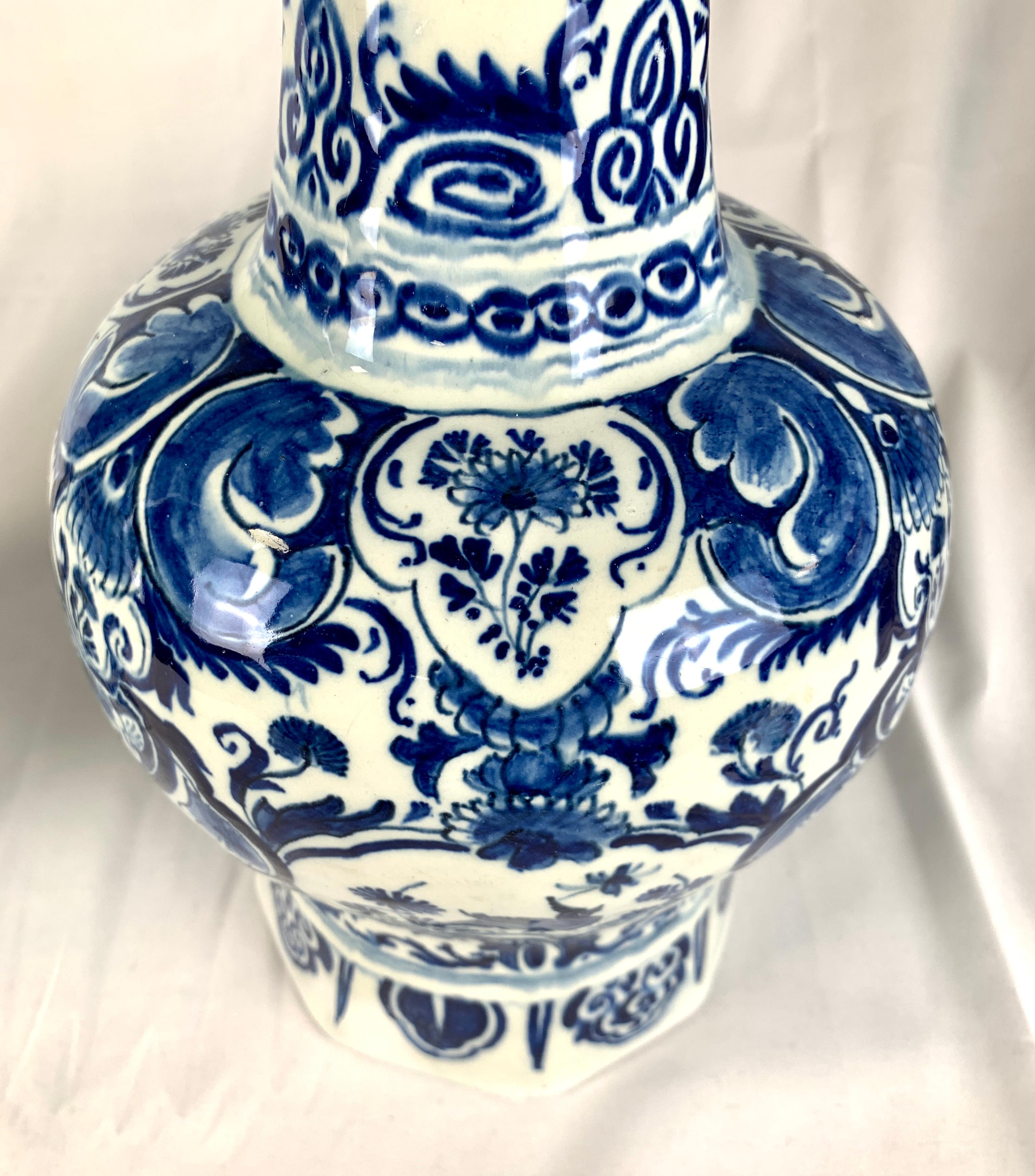Rococo Pair Blue and White Delft Vases Hand Painted 18th Century circa 1770 Netherlands