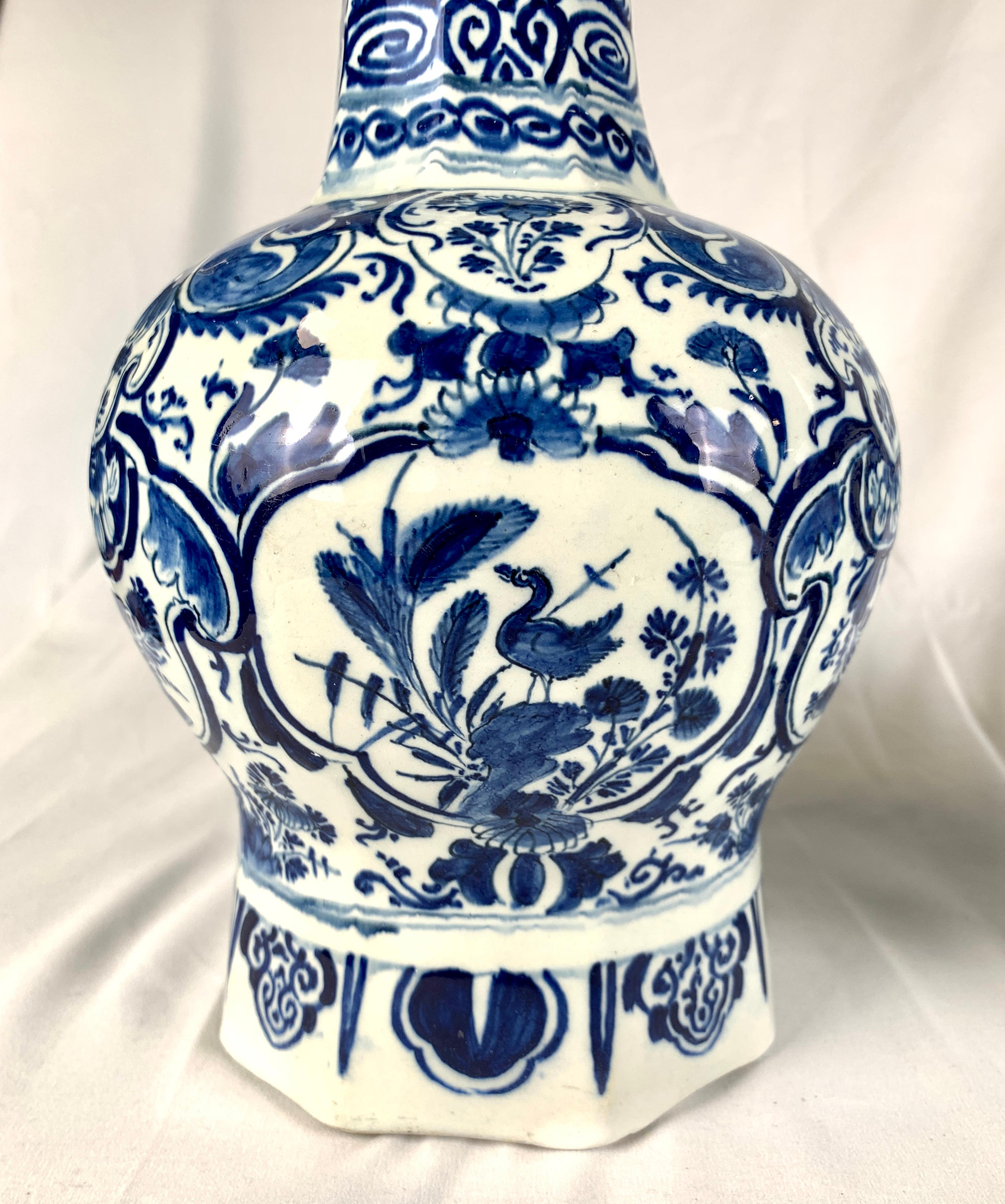 Dutch Pair Blue and White Delft Vases Hand Painted 18th Century circa 1770 Netherlands