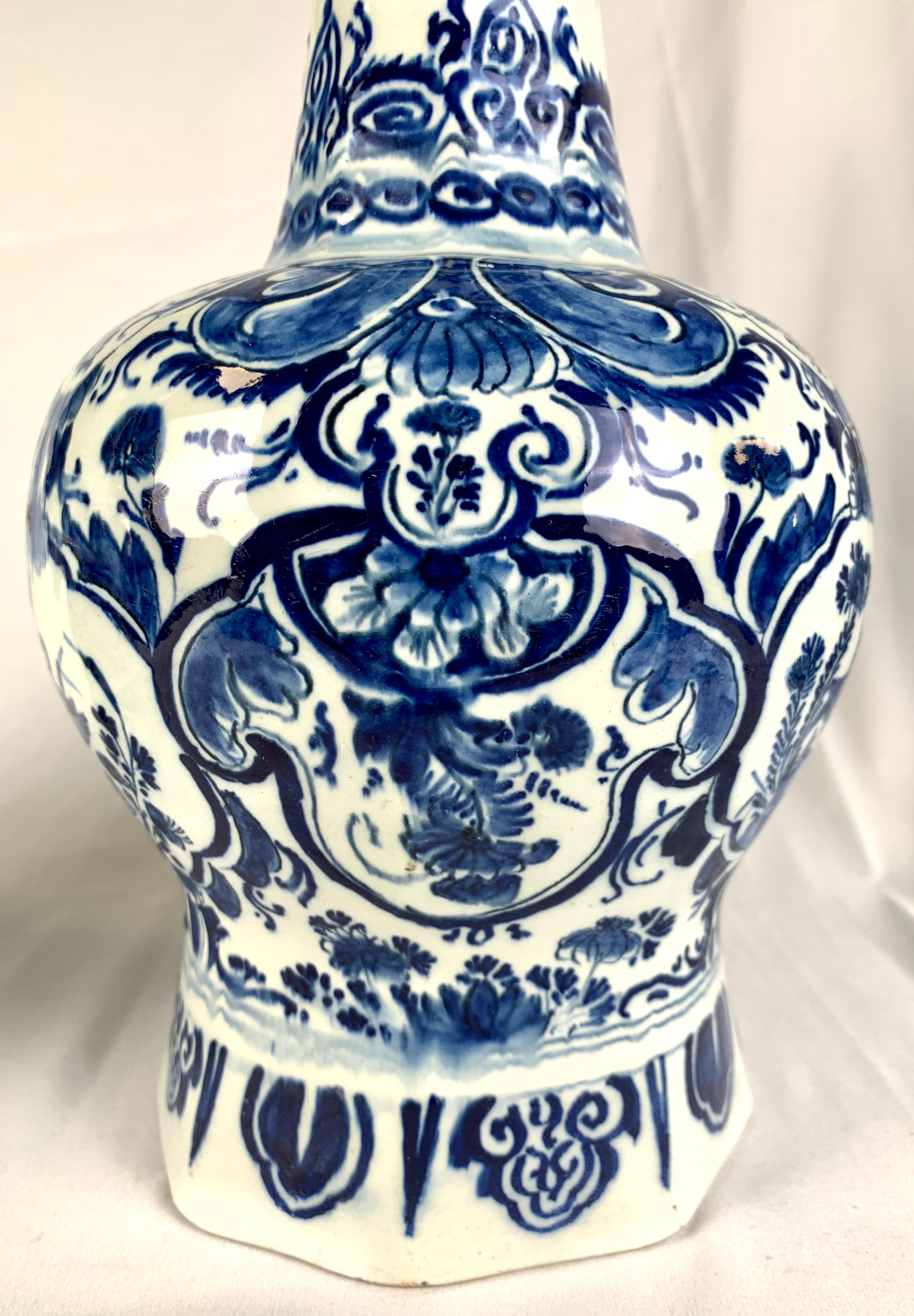 Pair Blue and White Delft Vases Hand Painted 18th Century circa 1770 Netherlands In Excellent Condition In Katonah, NY