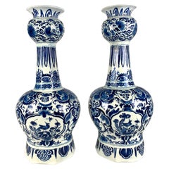 Pair Blue and White Delft Vases Hand Painted 18th Century circa 1770 Netherlands