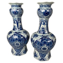 Pair Blue and White Delft Vases with Hand-Painted Decoration 18th Century c-1780