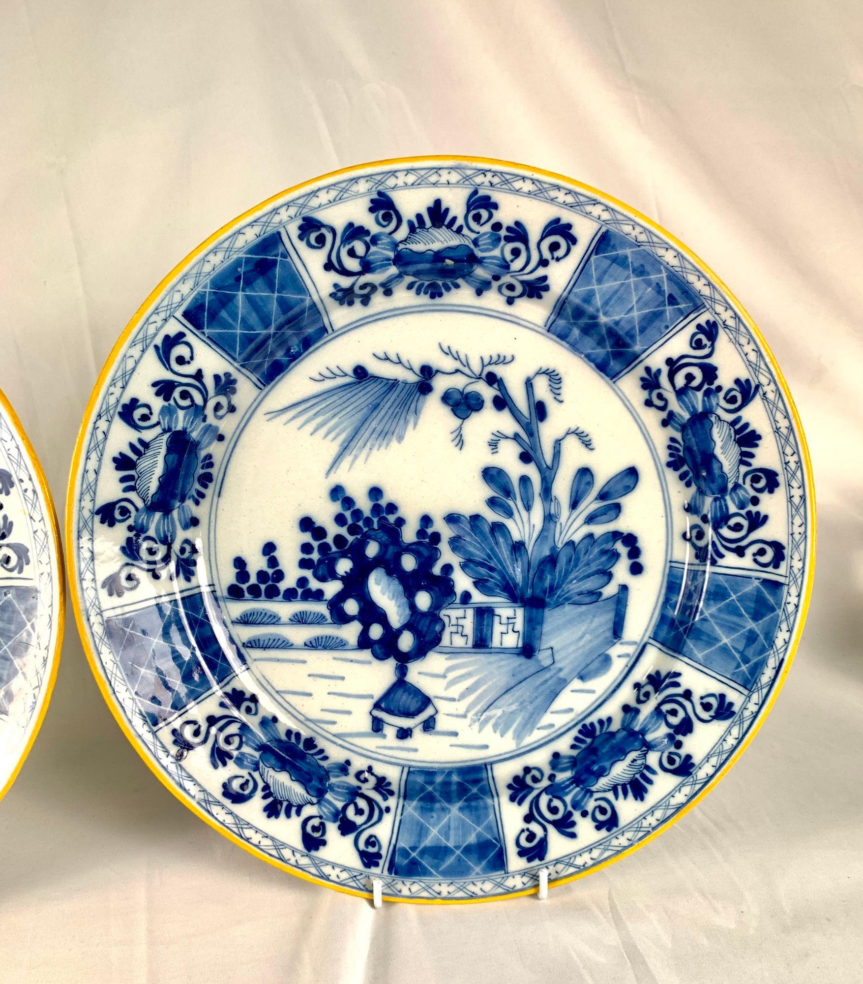 Pair Blue and White Dutch Delft Chargers Hand Painted 18th Century In Excellent Condition For Sale In Katonah, NY