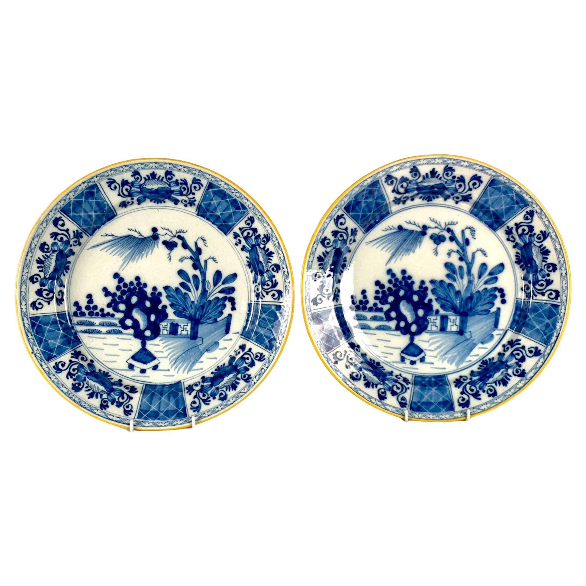 Pair Blue and White Dutch Delft Chargers Hand Painted 18th Century For Sale