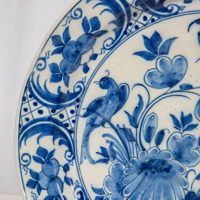 Rococo Pair Blue and White Dutch Delft Chargers with Songbirds Made Circa 1770