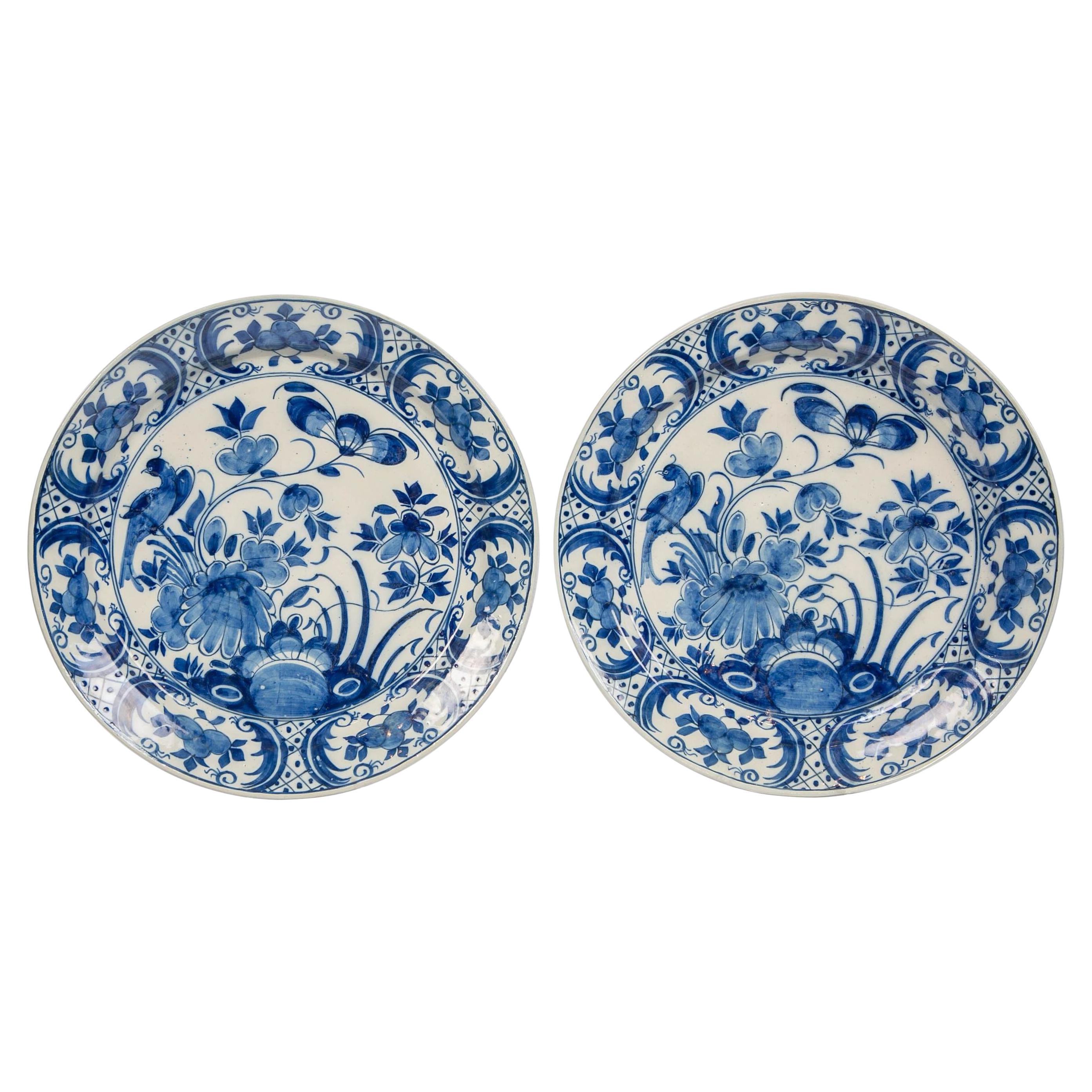 Pair Blue and White Dutch Delft Chargers with Songbirds Made Circa 1770