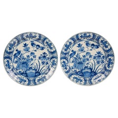 Pair Blue and White Dutch Delft Chargers with Songbirds Made Circa 1770