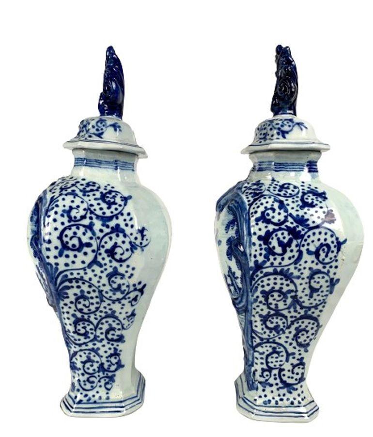 Chinoiserie Pair Blue and White Dutch Delft Mantle Jars Hand Painted 18th Century Circa 1780