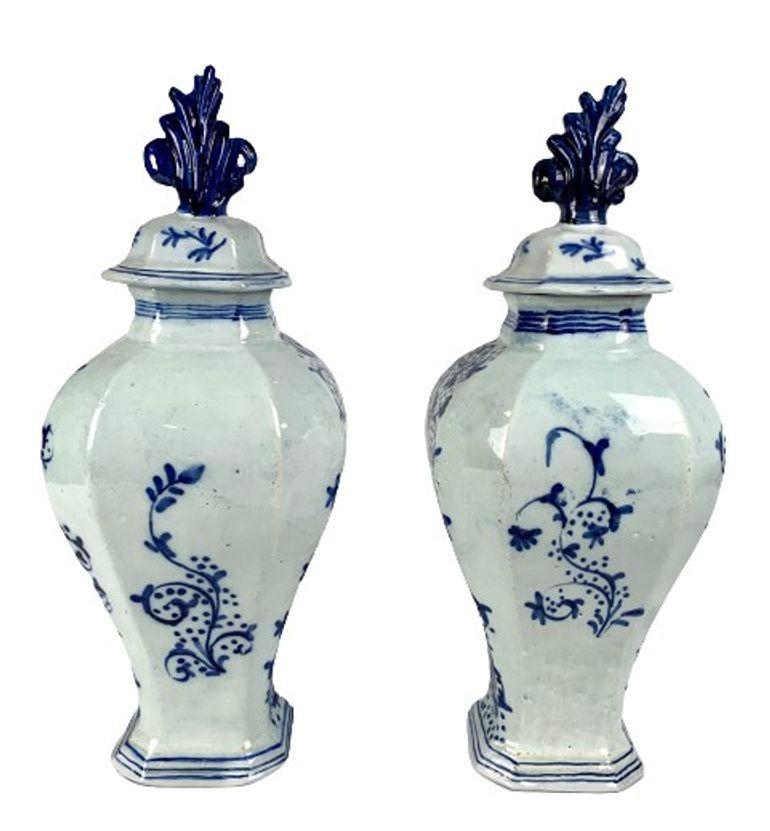 Hand-Painted Pair Blue and White Dutch Delft Mantle Jars Hand Painted 18th Century Circa 1780