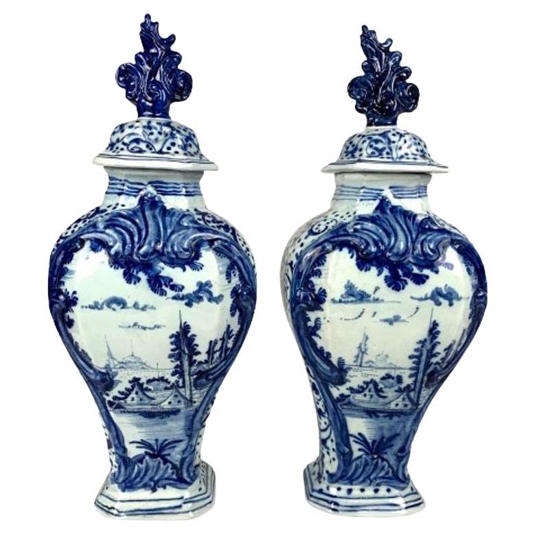 Pair Blue and White Dutch Delft Mantle Jars Hand Painted 18th Century Circa 1780