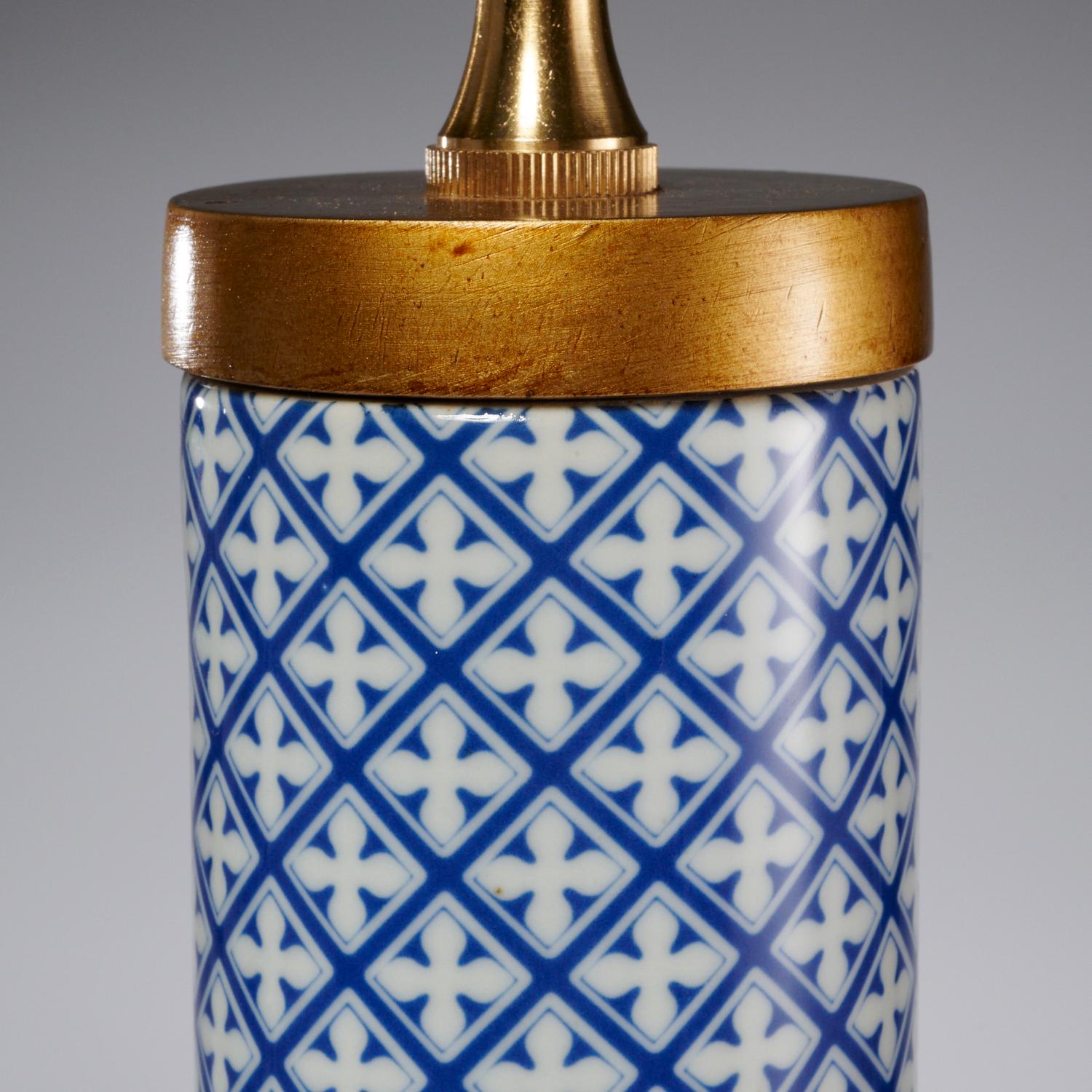 Modern Pair Blue and White Geometric Porcelain and Brass Cylinder Lamps with Shades