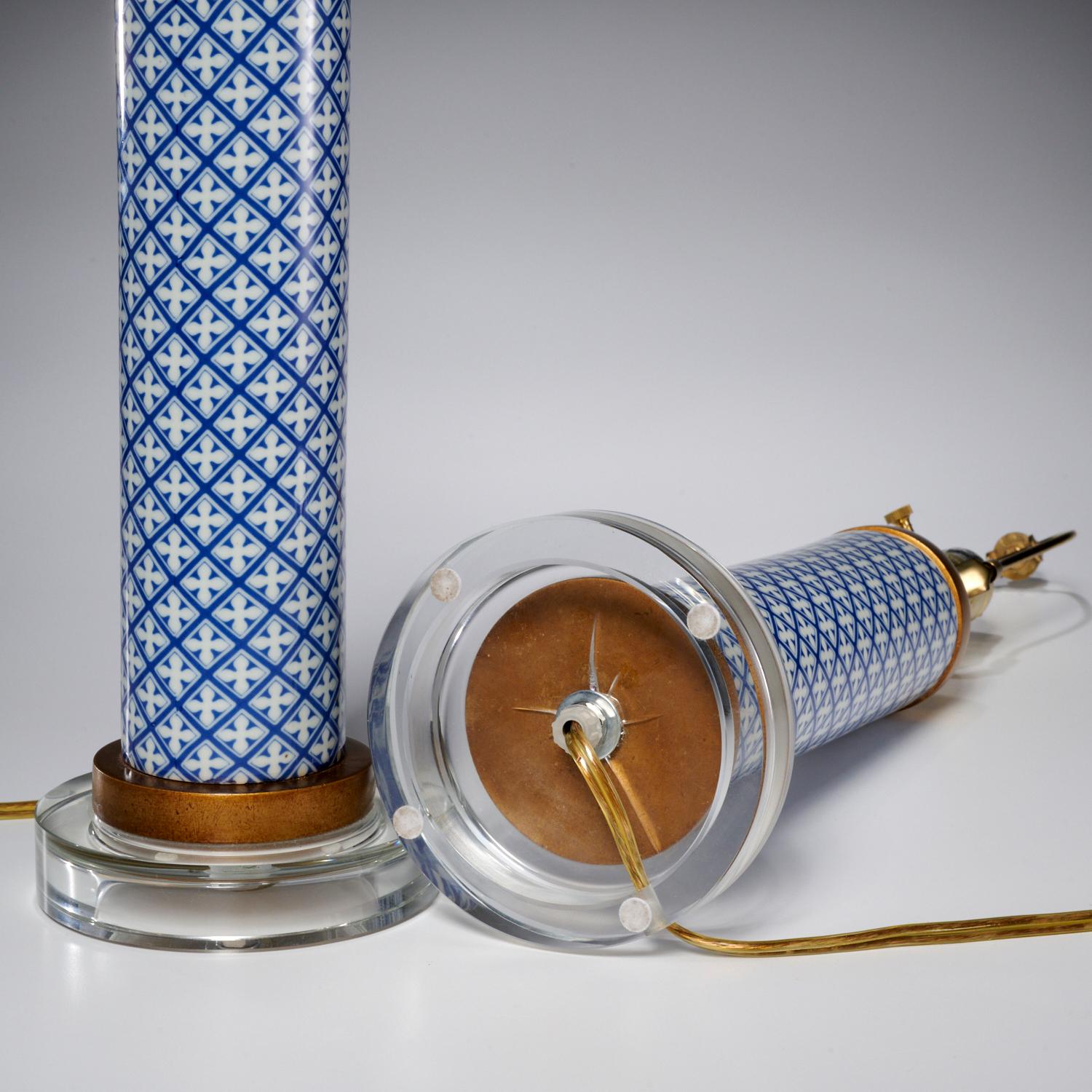 American Pair Blue and White Geometric Porcelain and Brass Cylinder Lamps with Shades