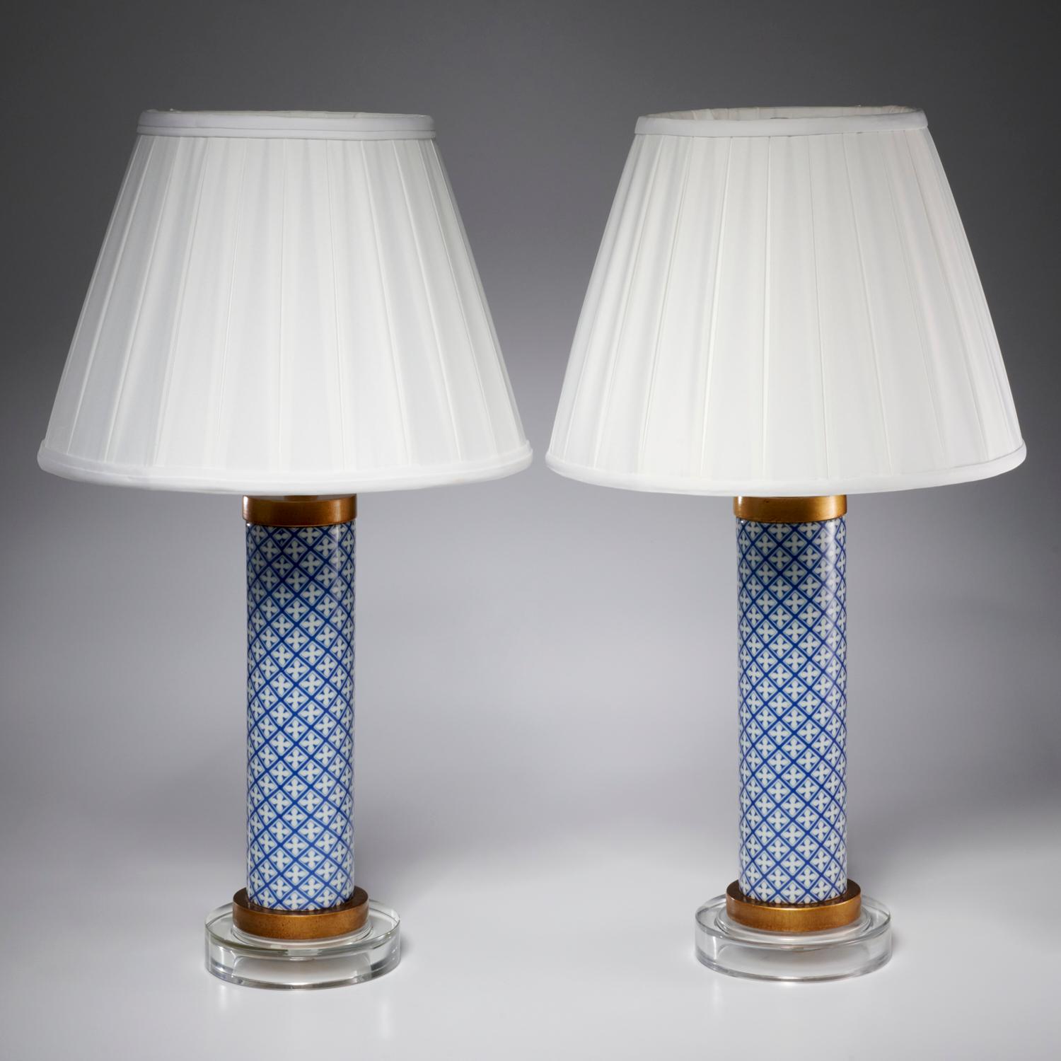 Contemporary Pair Blue and White Geometric Porcelain and Brass Cylinder Lamps with Shades