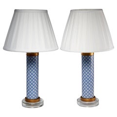 Pair Blue and White Geometric Porcelain and Brass Cylinder Lamps with Shades