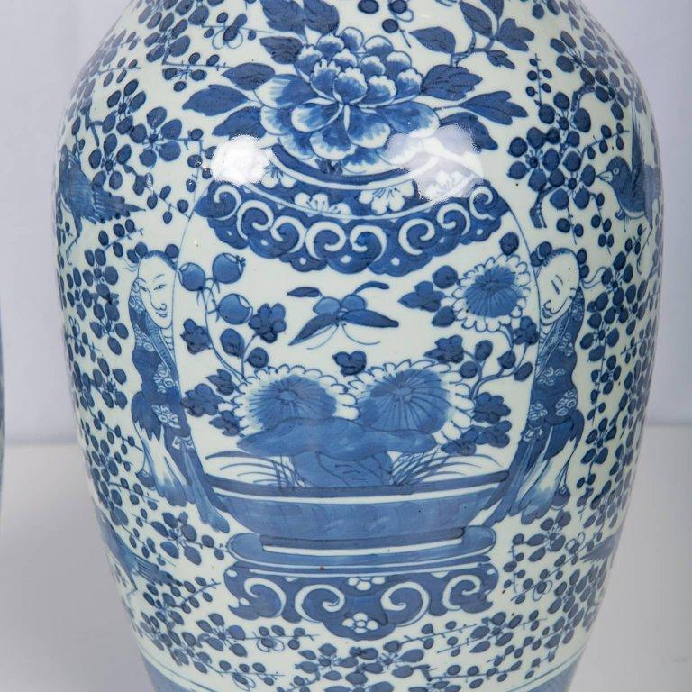 19th Century Pair Blue and White Large Jars Antique Chinese Porcelain Hand-Painted