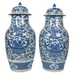 Pair Blue and White Large Jars Antique Chinese Porcelain Hand-Painted