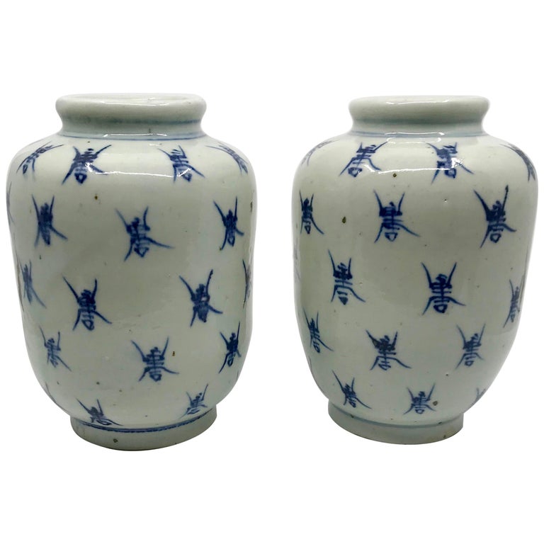Pair of Blue and White Ginger Jar Vases For Sale