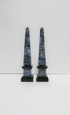 Pair Modern Blue and White Marble Obelisks