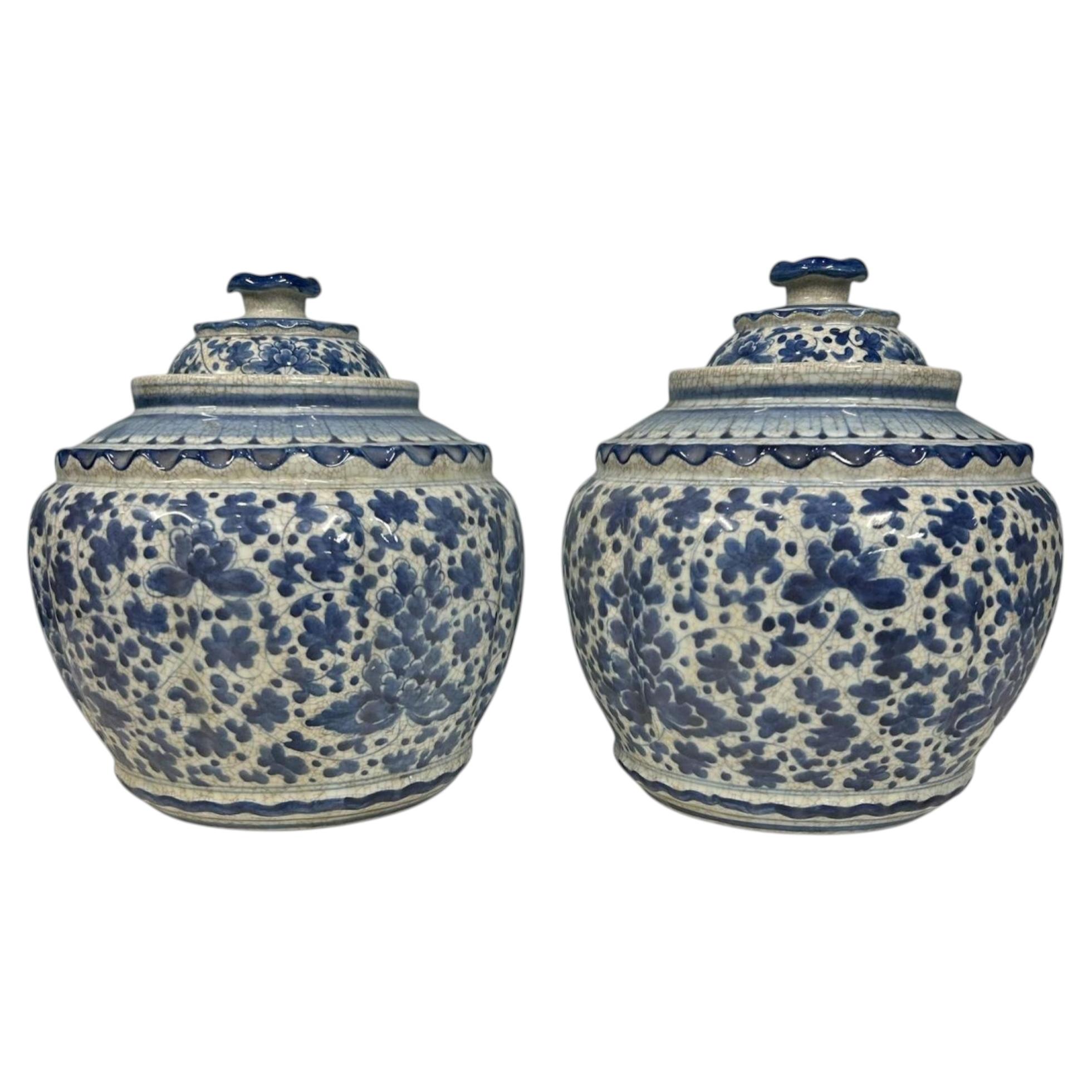 Pair Blue and White Porcelain Ginger Jars Chinese Urns For Sale