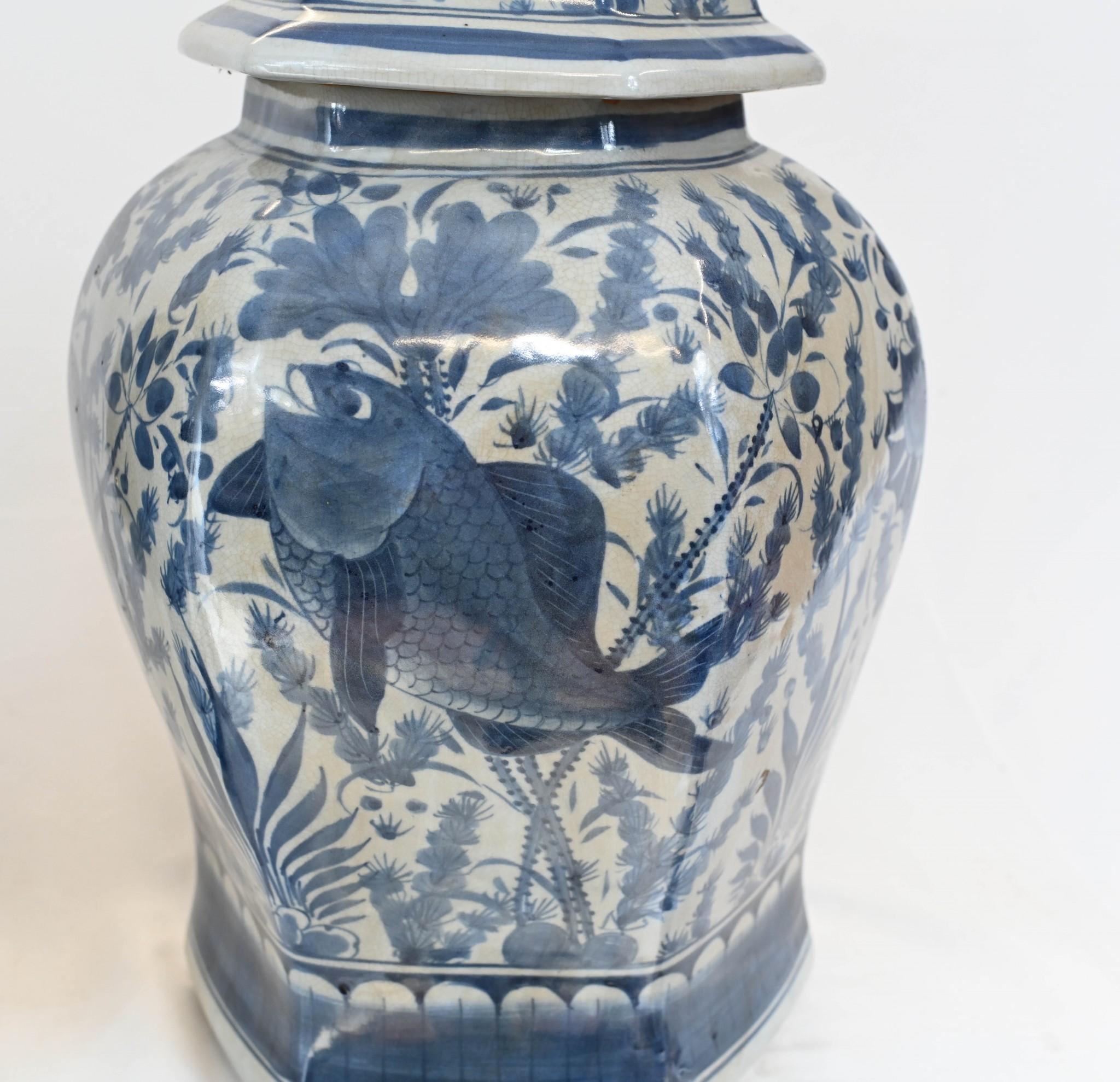Stone Pair Blue and White Porcelain Ginger Jars Goldfish Urn Ming