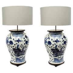 Pair Blue and White Porcelain Table Lamps Chinese Lights Ginger Jar