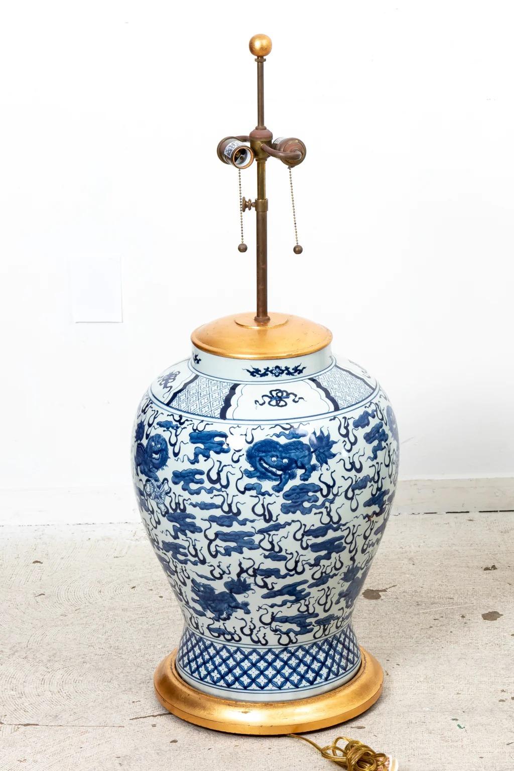 20th Century Pair Blue and White Temple Jar Lamps For Sale