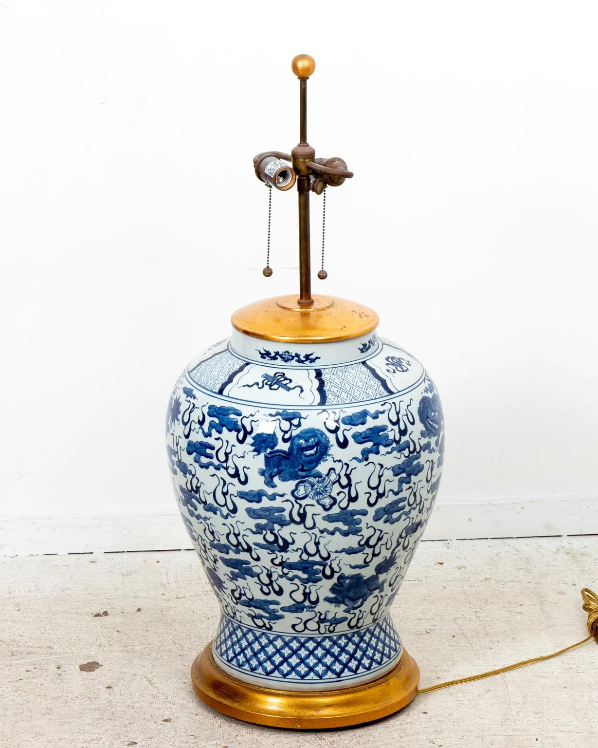 Porcelain Pair Blue and White Temple Jar Lamps For Sale