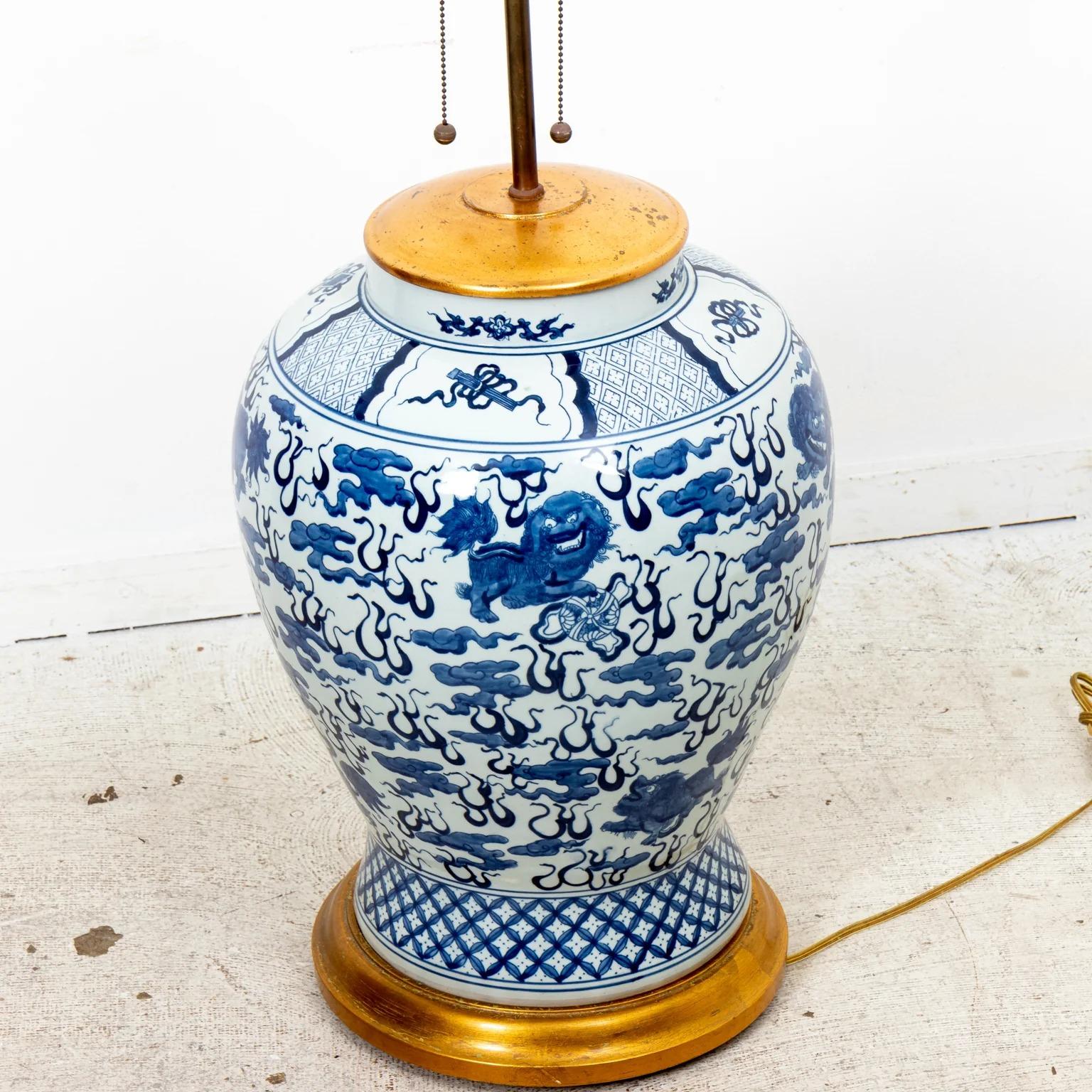 Pair Blue and White Temple Jar Lamps For Sale 1