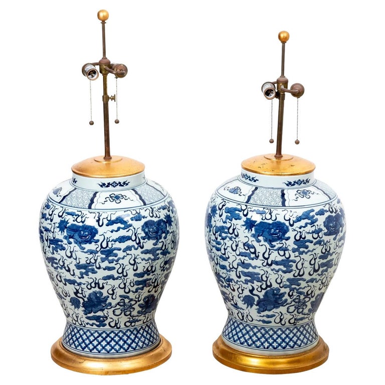 Pair Blue and White Temple Jar Lamps For Sale at 1stDibs