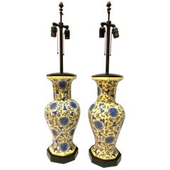 Retro Pair of Blue and Yellow Chinoiserie Table Lamps